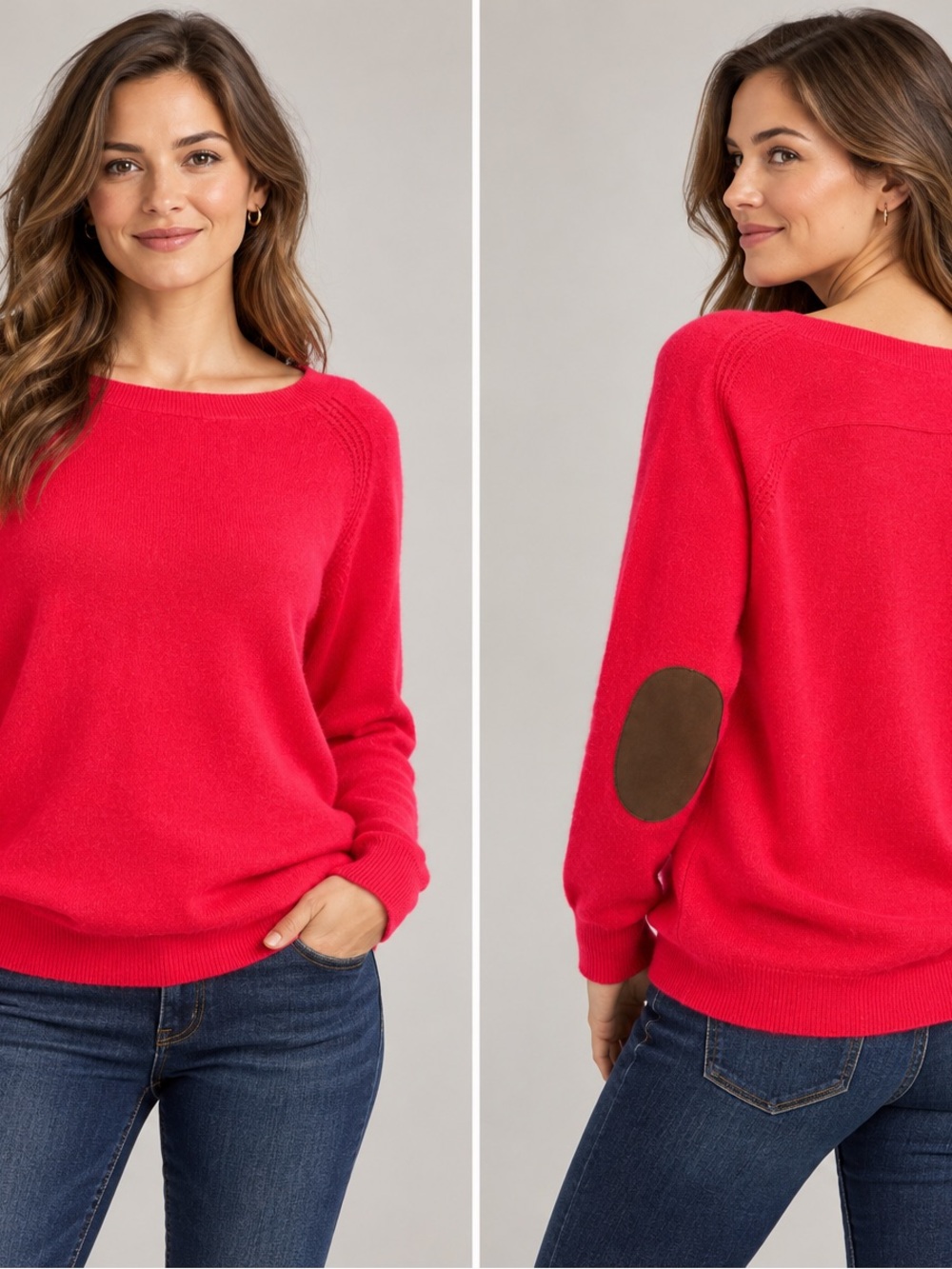 Joie cashmere Pink-Red Boatneck Sweater with Brown Elbow Patches size medium